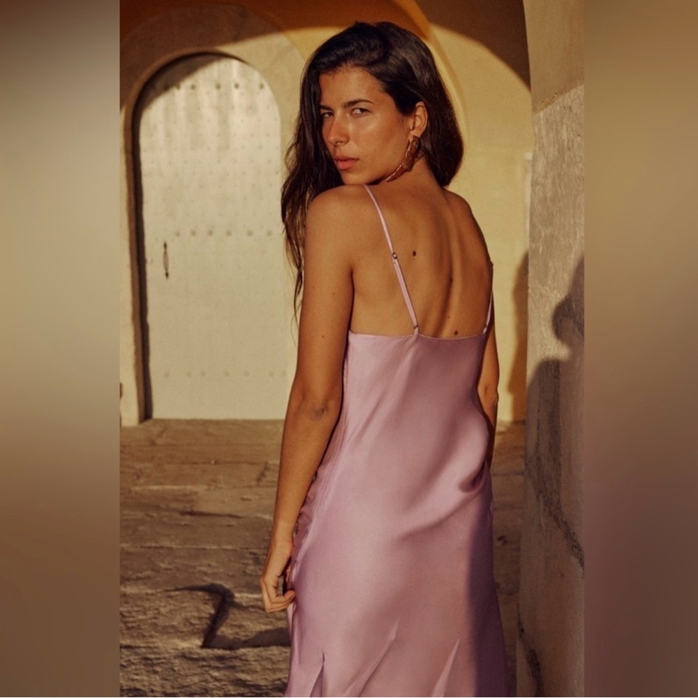 Zara Blush Cowl Neck Spaghetti Strap Slip Dress Asymmetrical Hem M - Picture 3 of 16